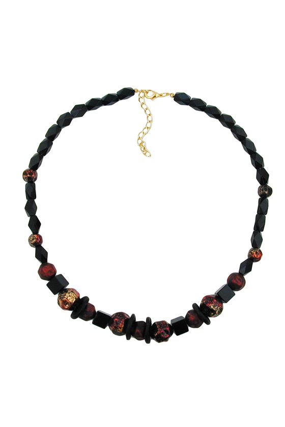 NECKLACE FACETED BLACK BEADS RED LACQUERED