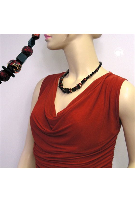 NECKLACE FACETED BLACK BEADS RED LACQUERED