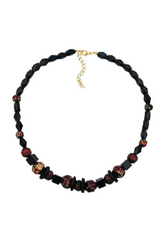 NECKLACE FACETED BLACK BEADS RED LACQUERED