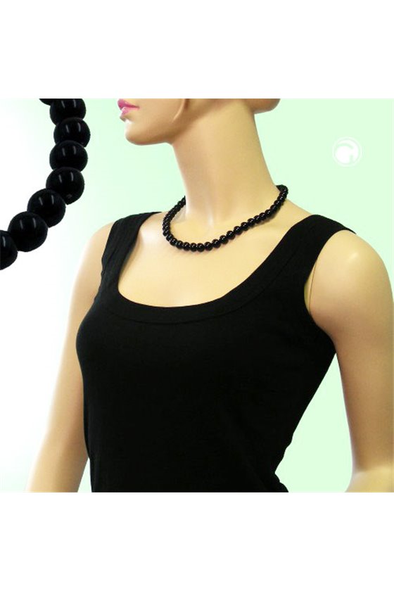 NECKLACE BEADS 10MM BLACK SHINY 45CM