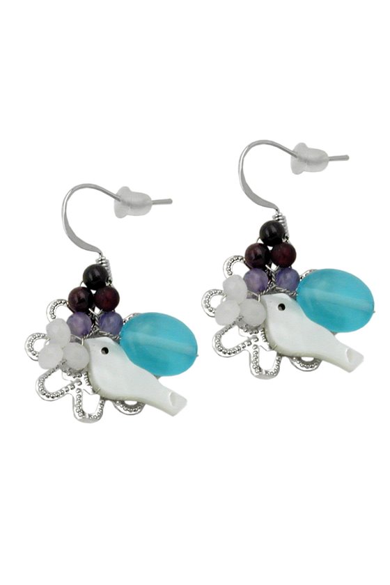 HOOK EARRINGS STONE BIRD & FLOWER