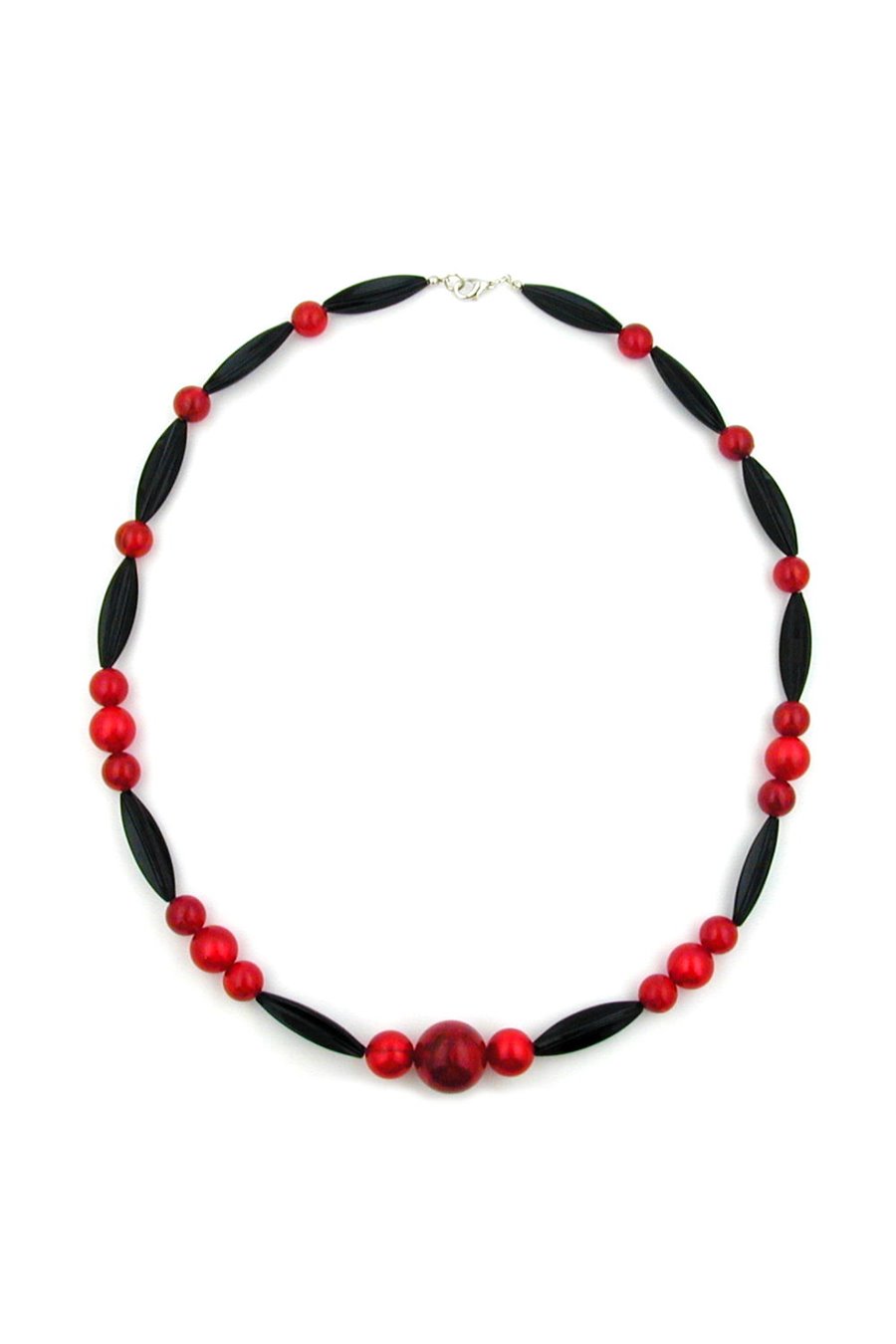 NECKLACE OLIVE SHAPED AND ROUND BEADS RED AND BLACK
