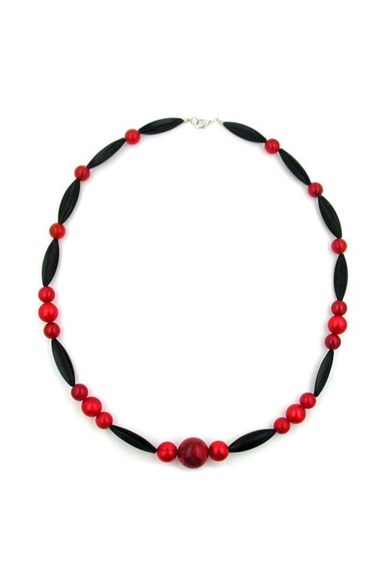 NECKLACE OLIVE SHAPED AND ROUND BEADS RED AND BLACK