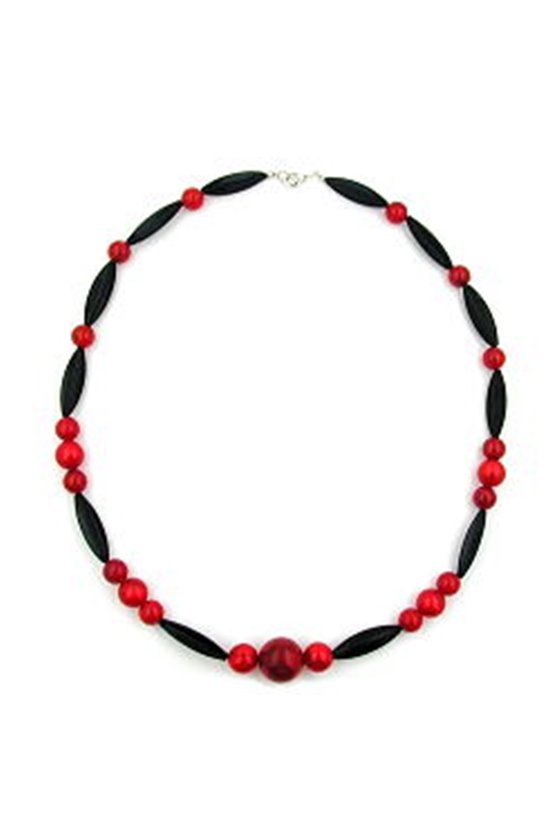 NECKLACE OLIVE SHAPED AND ROUND BEADS RED AND BLACK