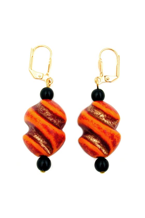 LEVERBACK EARRINGS TWISTED BEAD RED ORANGE BLACK
