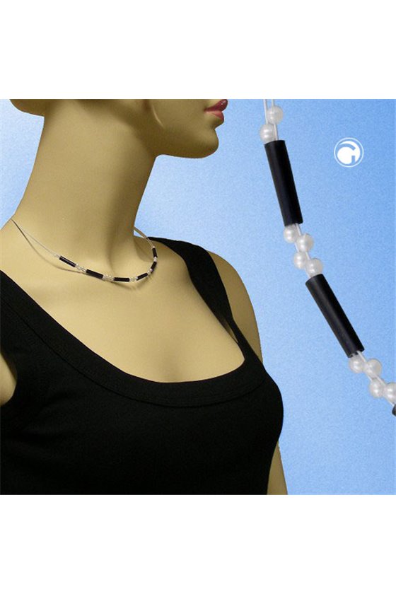 NECKLACE BEADS BLACK PEARLY WHITE