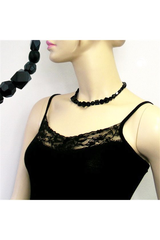 NECKLACE BLACK BEADS FACETED & DIFFERENT BEAD SHAPES