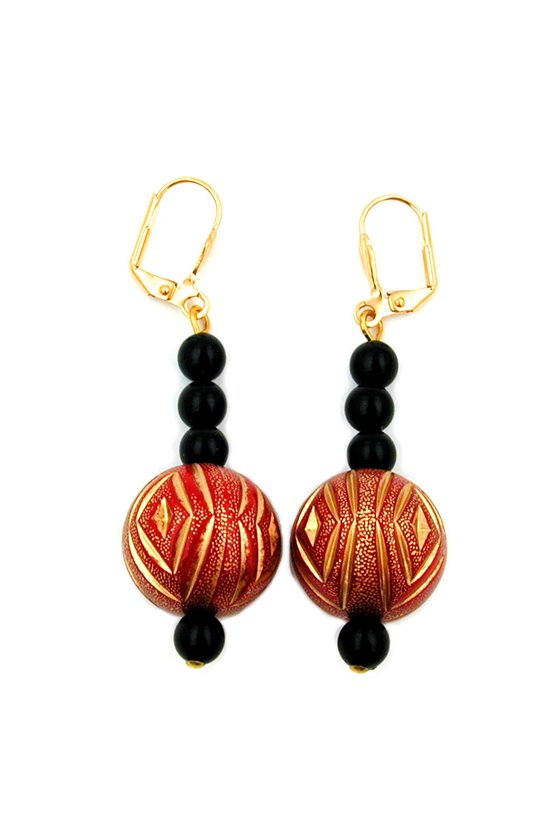 LEVERBACK EARRINGS ORIENTAL STYLE BLACK RED GOLD COLOURED