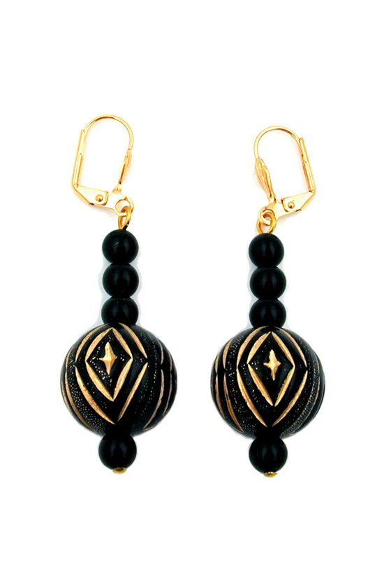 LEVERBACK EARRINGS ORIENTAL BEADING BLACK GOLD COLOURED