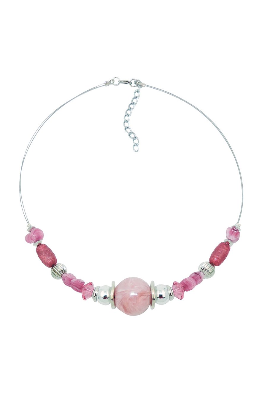 NECKLACE PINK AND SILVER-COLOURED BEADS ON COATED FLEXIBLE WIRE