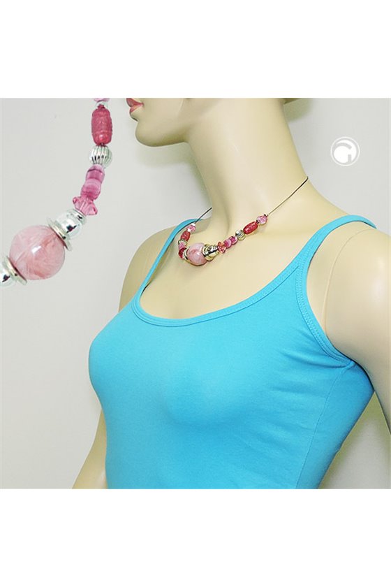 NECKLACE PINK AND SILVER-COLOURED BEADS ON COATED FLEXIBLE WIRE