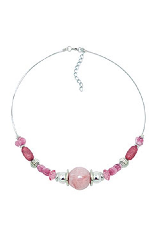 NECKLACE PINK AND SILVER-COLOURED BEADS ON COATED FLEXIBLE WIRE