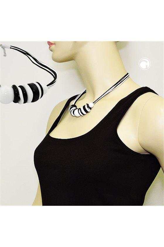 NECKLACE VARIOUS BEADS AND RINGS BLACK-WHITE BLACK AND WHITE CORD