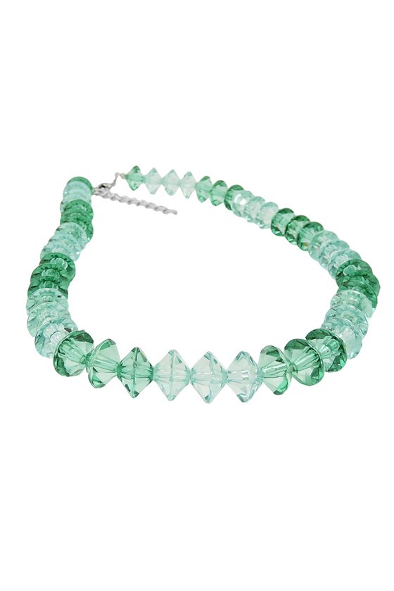 NECKLACE MANY FACETED BEADS PETROL-TURQUOISE TRANSPARENT