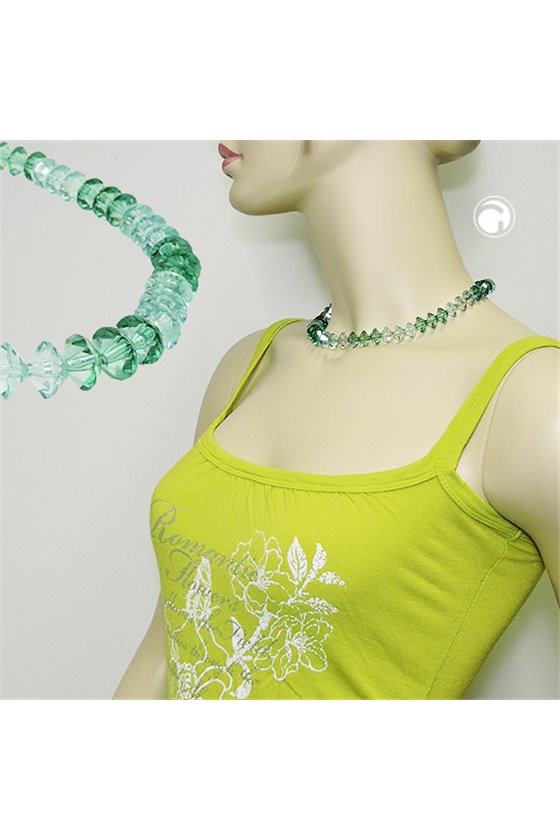 NECKLACE MANY FACETED BEADS PETROL-TURQUOISE TRANSPARENT