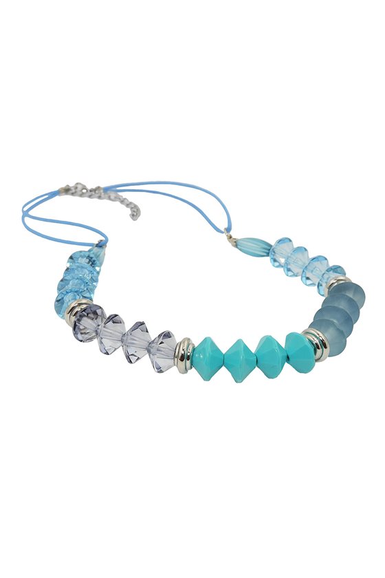 NECKLACE FACETED BEADS TURQUOISE & SILVER COLORED