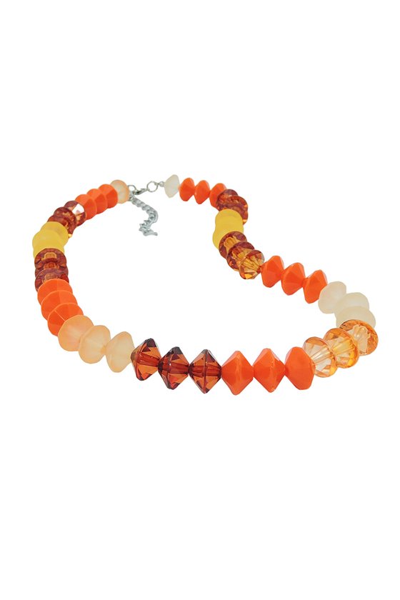NECKLACE FACETED BEADS ORANGE-COLOUR SILVER COLOURED BEADS
