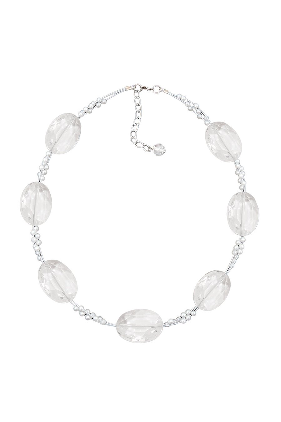 NECKLACE LARGE FACETED PLASTIC BEADS TRANSPARENT TINY BEADS PEARLY WHITE