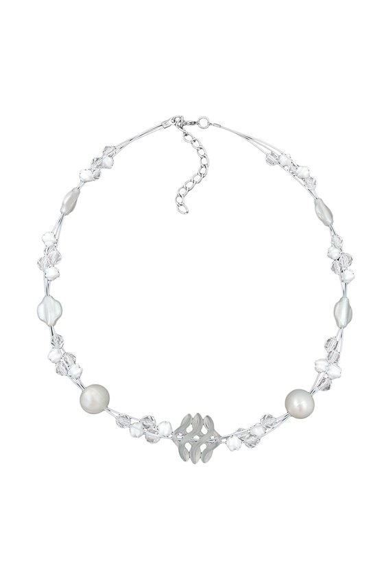 NECKLACEWHITE FROSTED AND PEARLY WHITE BEADS ON COATED FLEXIBLE WIRE