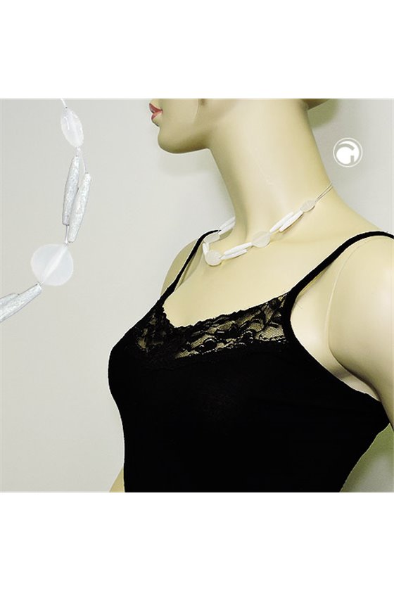 NECKLACE WHITE FROSTED BEADS ON WHITE-COATED FLEXIBLE WIRE
