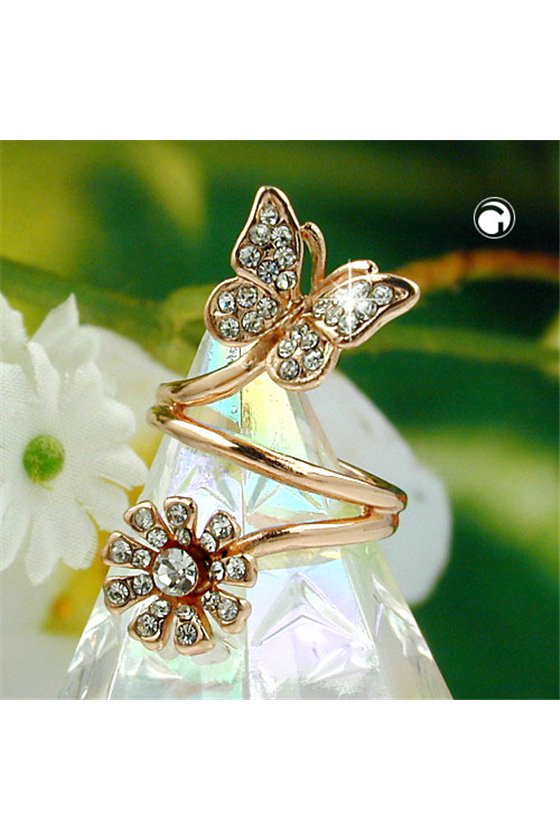 RING BUTTERFLY & FLOWER GLASS CRYSTALS REDGOLD PLATED