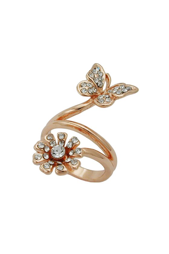 RING BUTTERFLY & FLOWER GLASS CRYSTALS REDGOLD PLATED