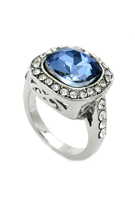RING LARGE BLUE TRANSPARENT GLASS CRYSTALS