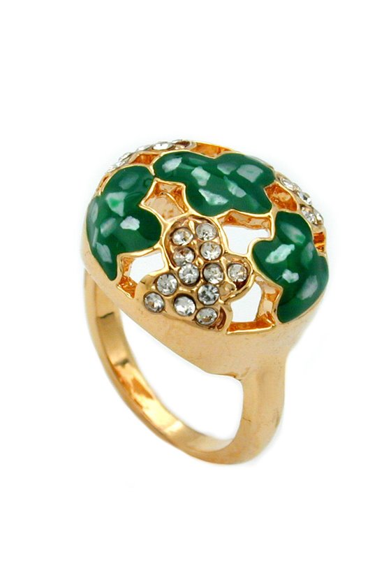 RING GREEN ENAMEL & GLASS CRYSTALS GOLD PLATED