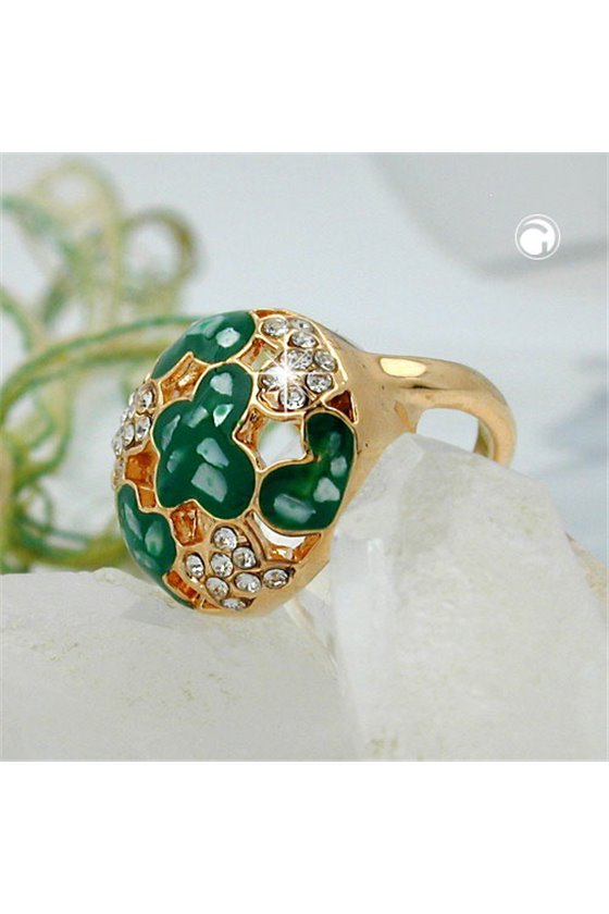 RING GREEN ENAMEL & GLASS CRYSTALS GOLD PLATED