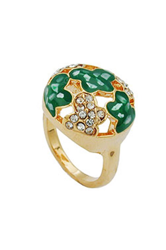 RING GREEN ENAMEL & GLASS CRYSTALS GOLD PLATED