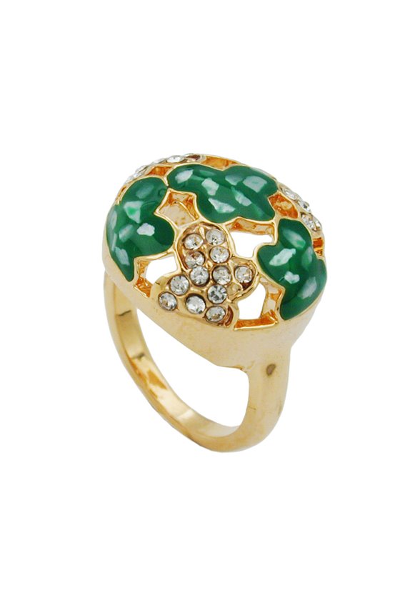 RING GREEN ENAMEL & GLASS CRYSTALS GOLD PLATED