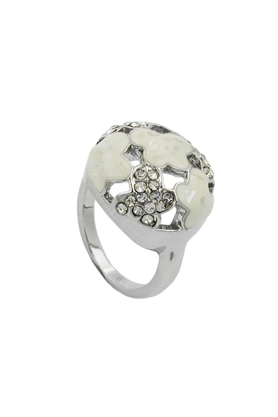 RING WHITE ENAMEL & GLASS CRYSTALS RHODIUM PLATED