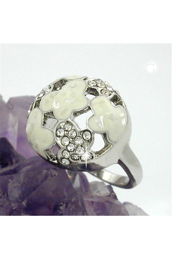 RING WHITE ENAMEL & GLASS CRYSTALS RHODIUM PLATED