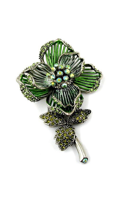 BROOCH RHINESTONES FLOWER GREEN SILVER