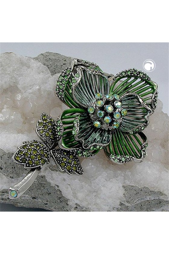 BROOCH RHINESTONES FLOWER GREEN SILVER