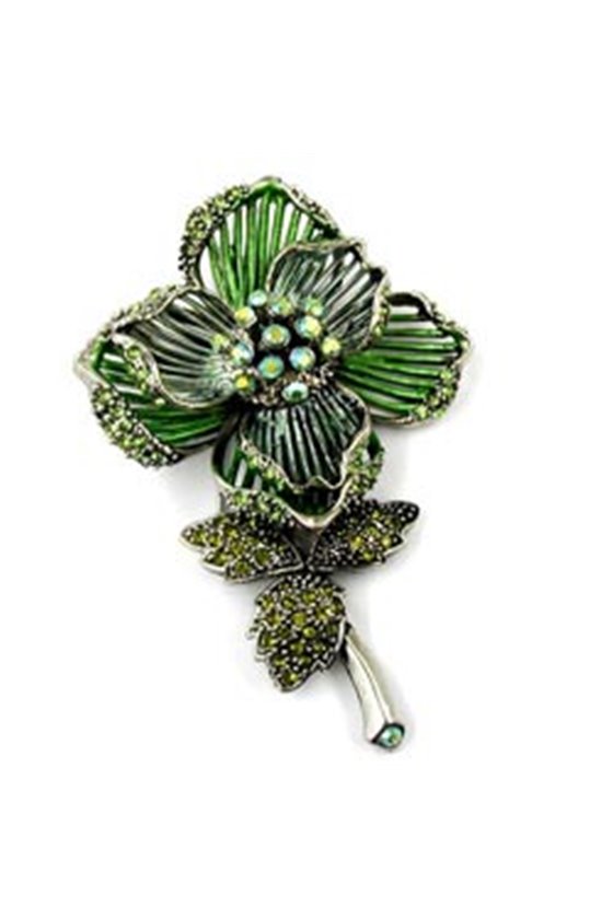 BROOCH RHINESTONES FLOWER GREEN SILVER