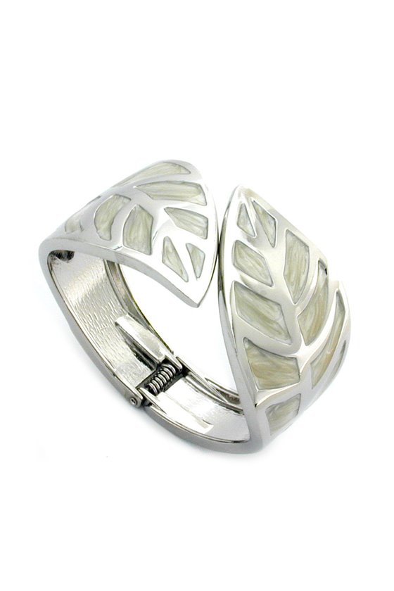 HINGED BANGLE LEAF ENAMEL WHITE GREY