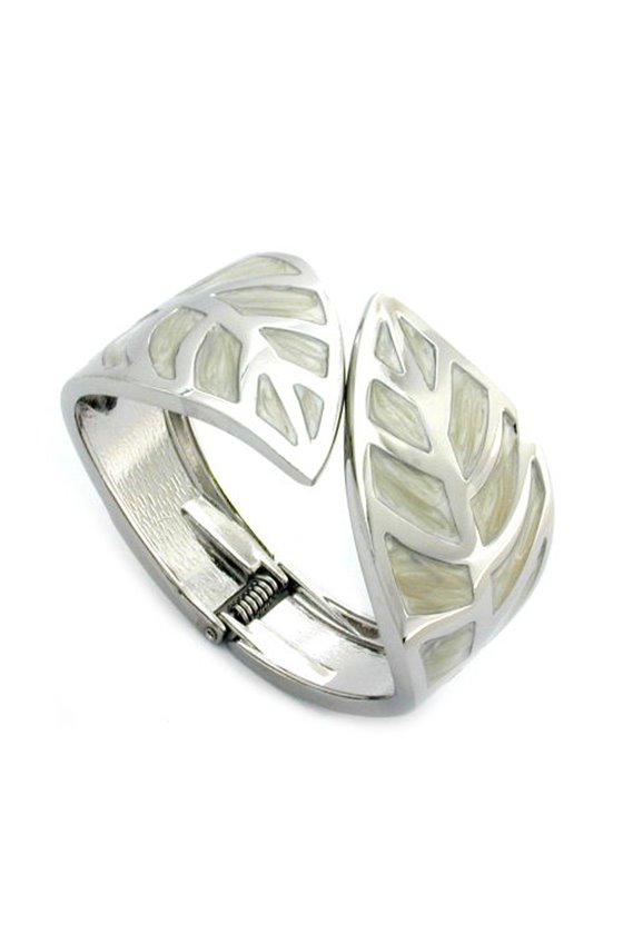 HINGED BANGLE LEAF ENAMEL WHITE GREY