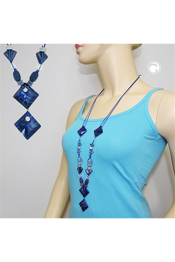 NECKLACE 4X BLUE MARBLED SQUARE BEADS CORD BLUE
