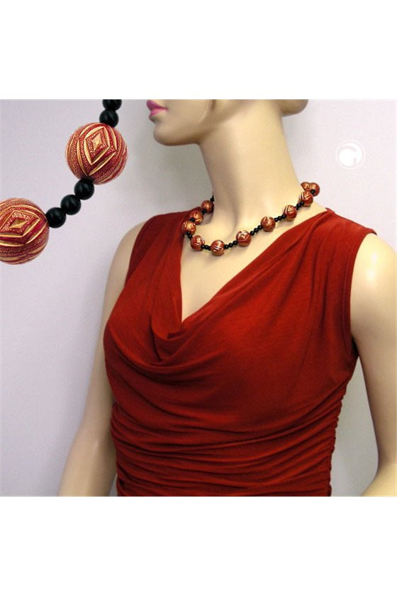 NECKLACE DESIGNER BEADS RED/GOLD-COLOURED BLACK