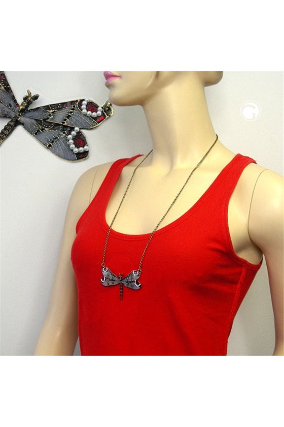 NECKLACE DRAGONFLY PURPLE/GREY/RED GOLD COLOURED