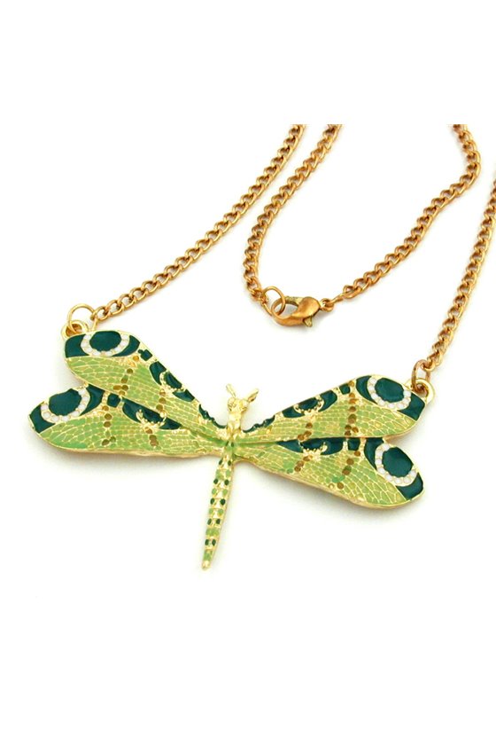 NECKLACE DRAGONFLY GREEN GOLD COLOURED