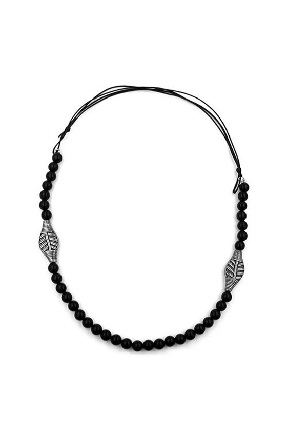NECKLACE BLACK BEADS LEAF ANTIQUE SILVER COLOURED