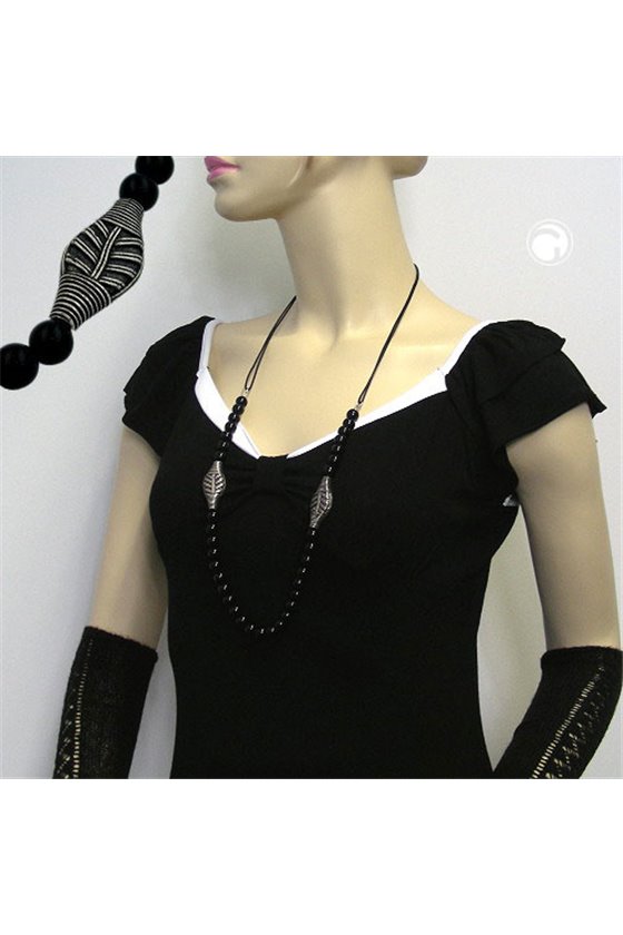 NECKLACE BLACK BEADS LEAF ANTIQUE SILVER COLOURED