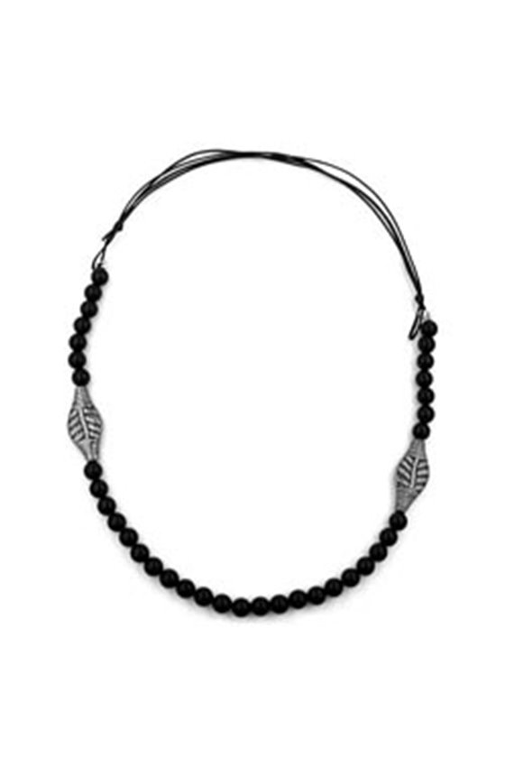 NECKLACE BLACK BEADS LEAF ANTIQUE SILVER COLOURED