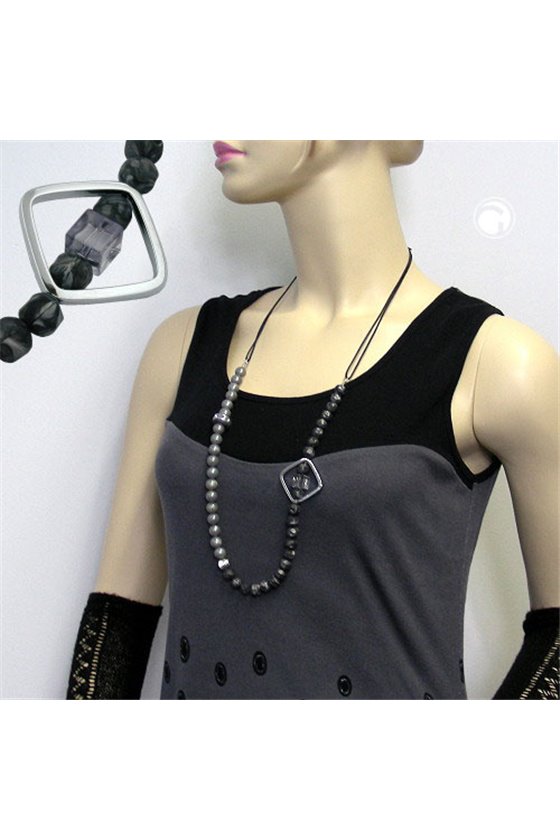 NECKLACE OPEN SQUARE BEADS GREY CHROME 95CM