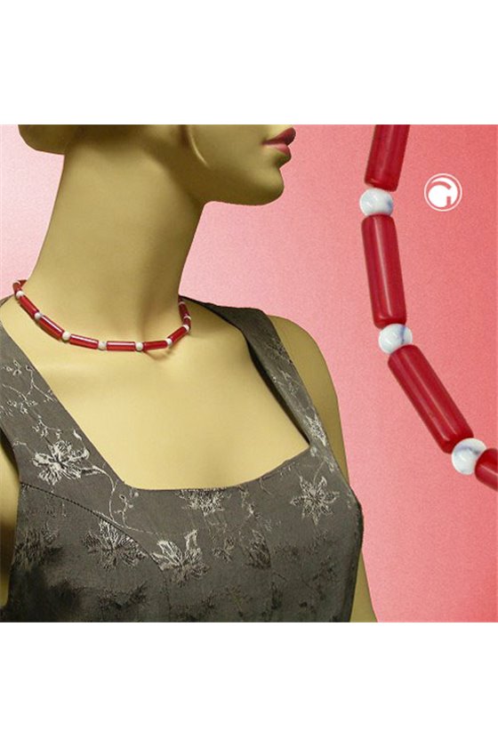 NECKLACE BEADS RED/WHITE SILKY SHIMMERING