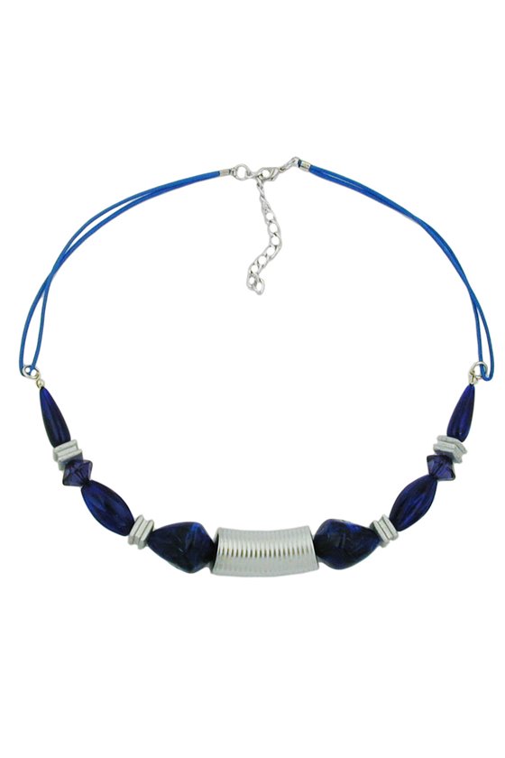 NECKLACE GROOVED TUBE BEAD SILVER COLOURED & BLUE BEADS