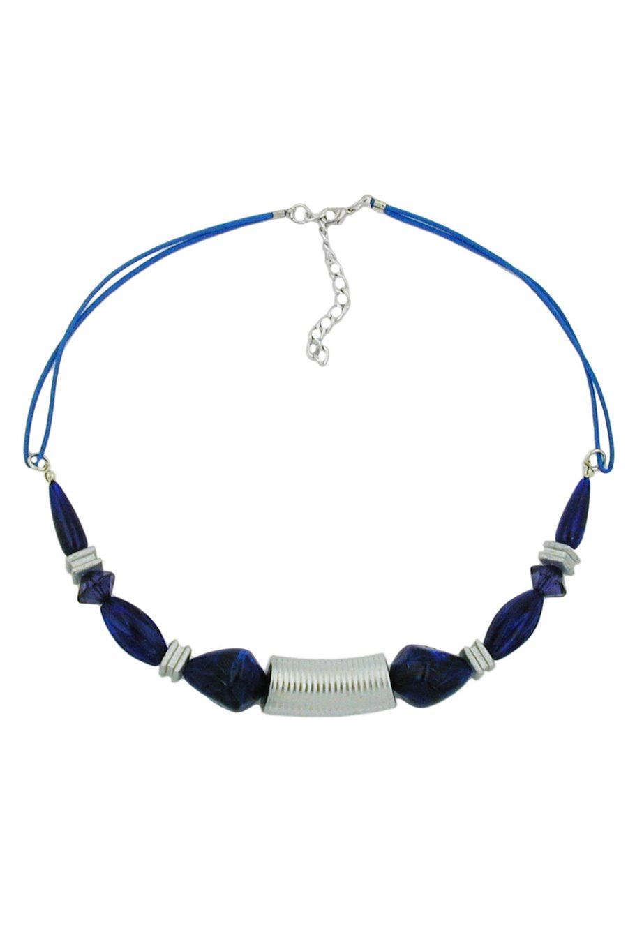 NECKLACE GROOVED TUBE BEAD SILVER COLOURED & BLUE BEADS