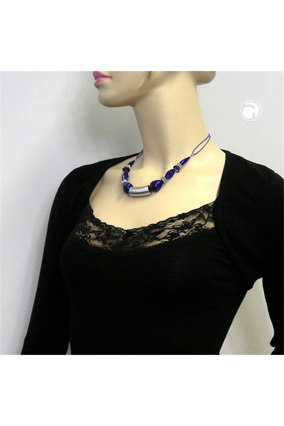 NECKLACE GROOVED TUBE BEAD SILVER COLOURED & BLUE BEADS